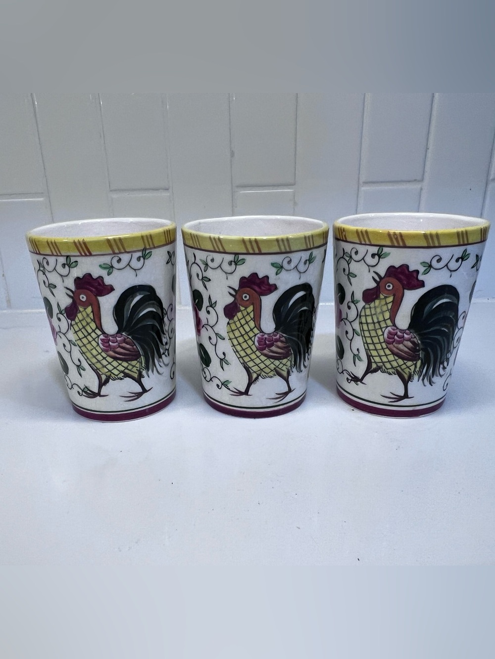 Vintage PY Ucagco Early Provincial Rooster & Roses 3 Tumblers Excellent